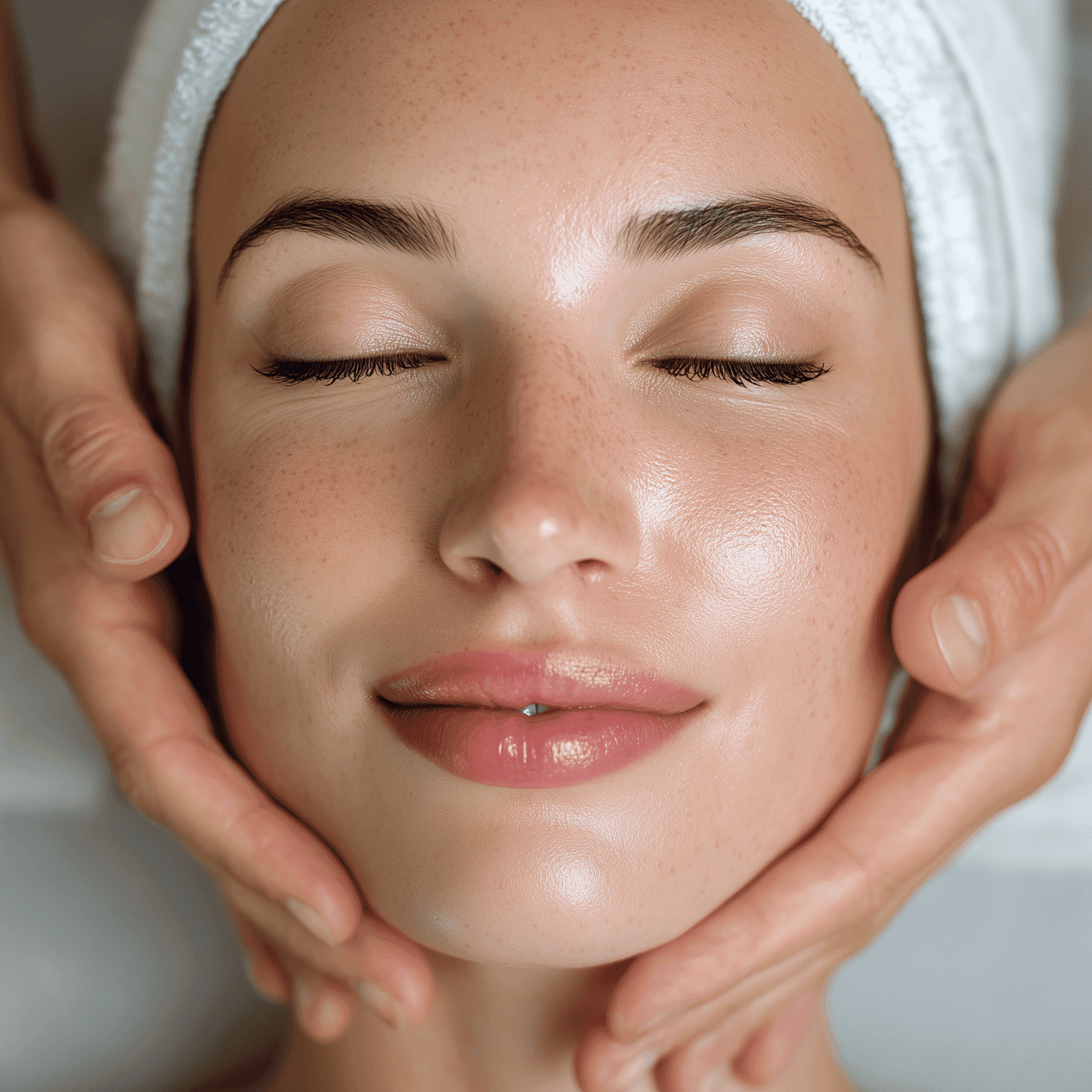Young woman enjoying a relaxing facial treatment with a towel headwrap.